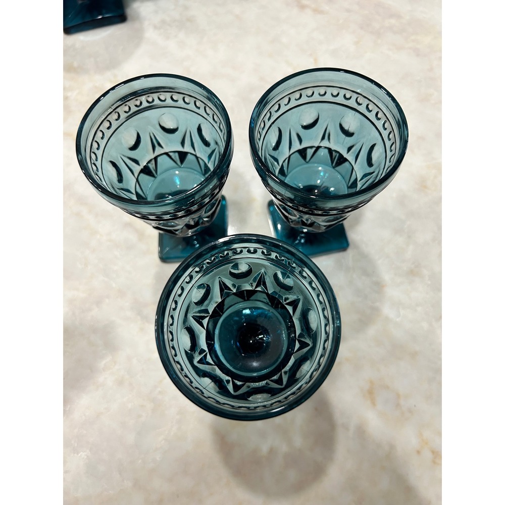 Vintage Blue Pressed Glass Goblets Set of 3 Square Base wine/ sherbet glasses